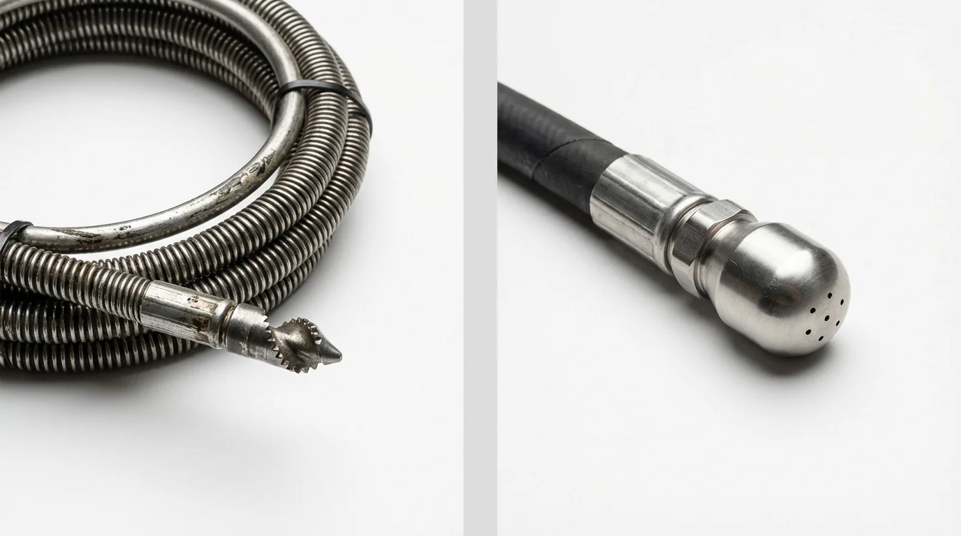 Drain snake cable and hydro jetting nozzle used for drain cleaning in Binghamton, NY